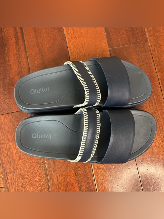 Olukai sz 8 Pae Leather Slides Platform Sandals Mood Indigo Blue - Picture 6 of 8